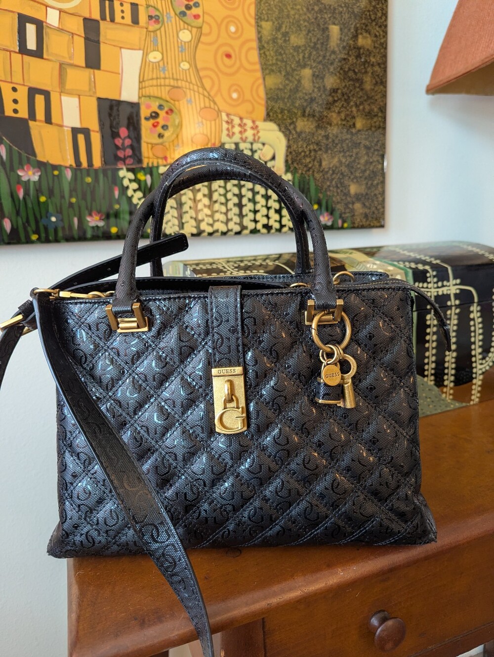 GUESS Gaia Black Quilted Monogram Satchel / Crossbody Bag with Gold Hardware